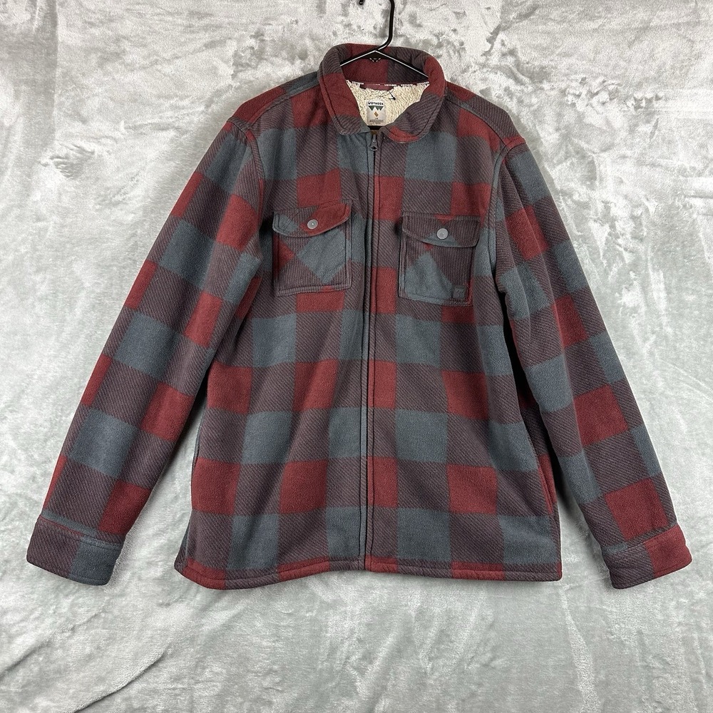 Voyager Sherpa Lined Flannel Shirt Jacket Men's L Red Gray Plaid Full Zip